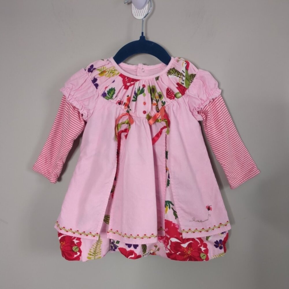 Catimini Pink/Red Corduroy Floral Print Layered Bubble Dress Size 12‎ Months
